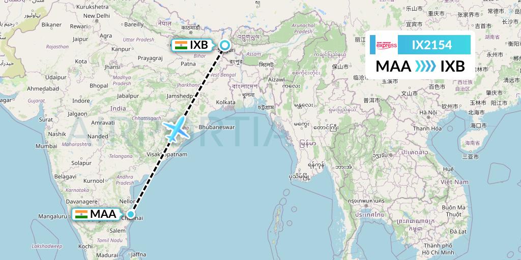 IX2154 Air India Express Flight Map: Chennai to Siliguri