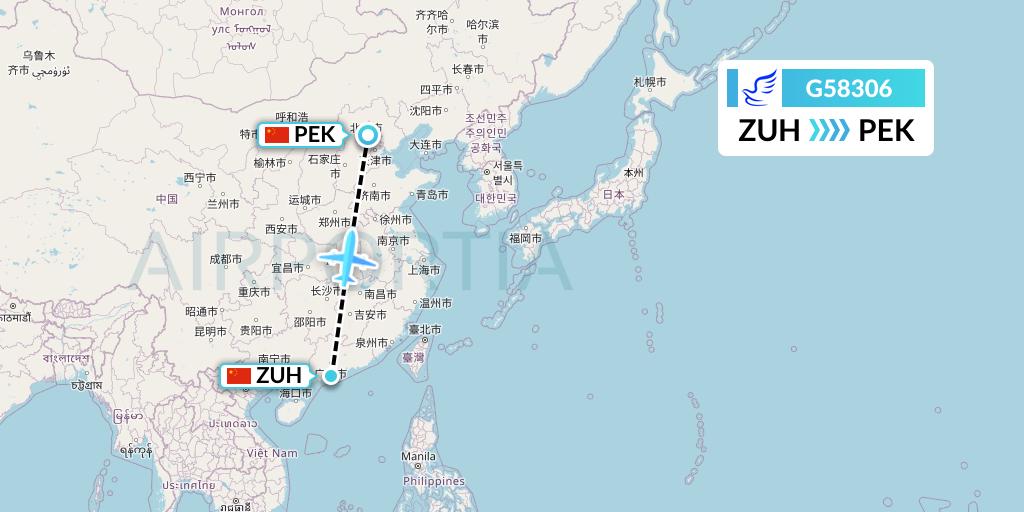 G58306 China Express Airlines Flight Map: Zhuhai to Beijing