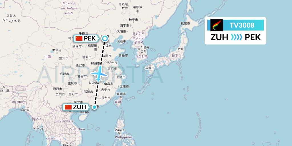 TV3008 Tibet Airlines Flight Map: Zhuhai to Beijing