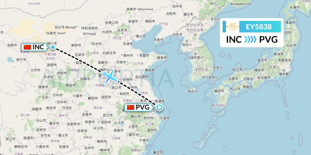 EY5838 Etihad Airways Flight Map: Yinchuan to Shanghai