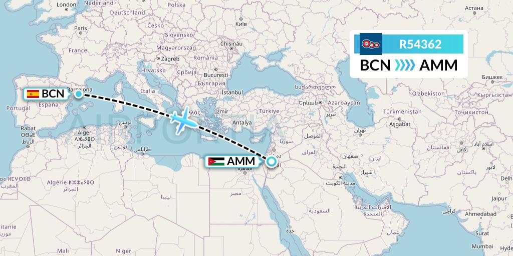 R54362 Jordan Aviation Flight Map: Barcelona to Amman