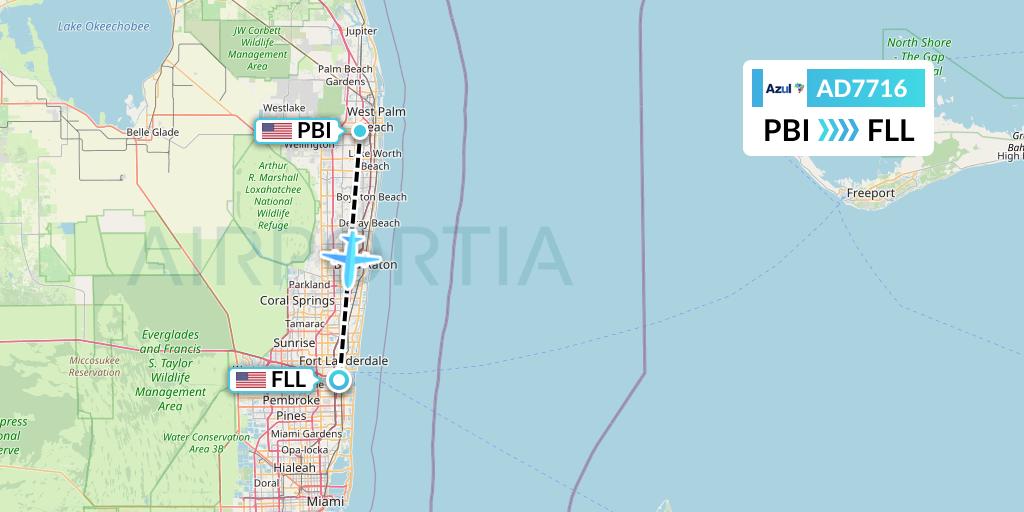 AD7716 Azul Brazilian Airlines Flight Map: West Palm Beach to Fort Lauderdale