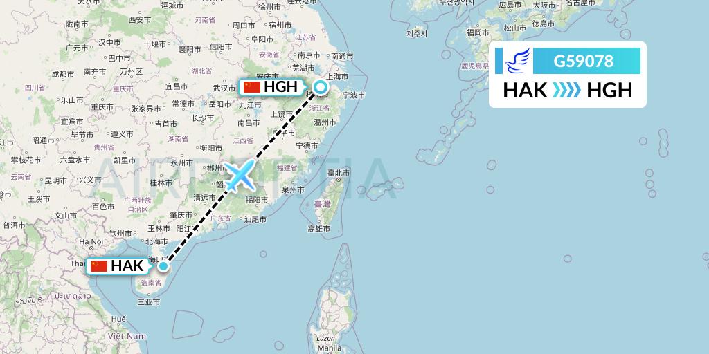 G59078 China Express Airlines Flight Map: Haikou to Hangzhou