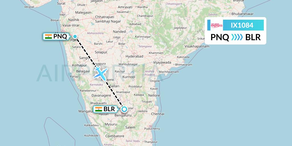 IX1084 Air India Express Flight Map: Pune to Bangalore