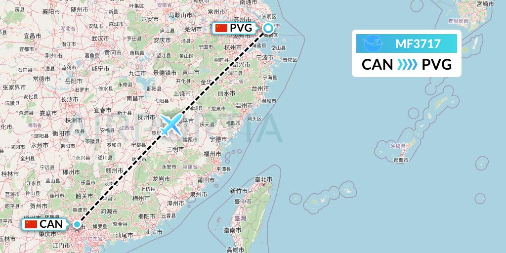 MF3717 Xiamen Airlines Flight Map: Guangzhou to Shanghai