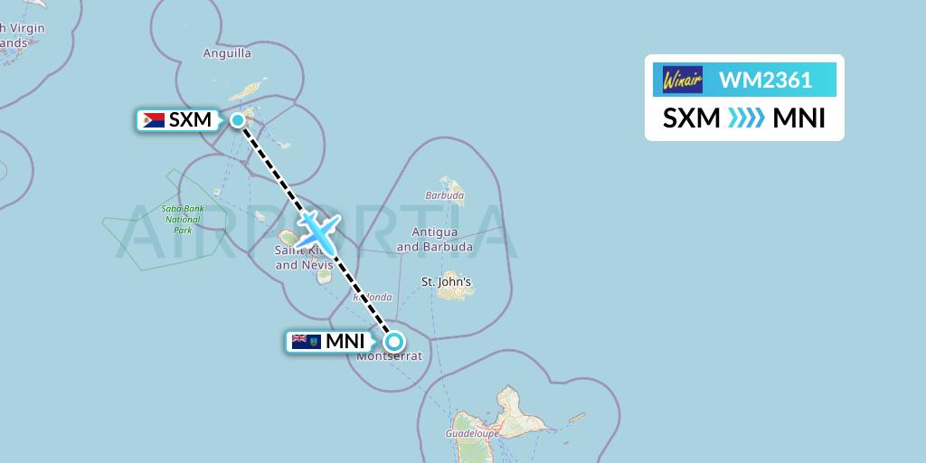 WM2361 Winair Flight Map: Sint Maarten to Plymouth
