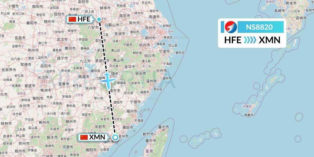 NS8820 Hebei Airlines Flight Map: Hefei to Xiamen