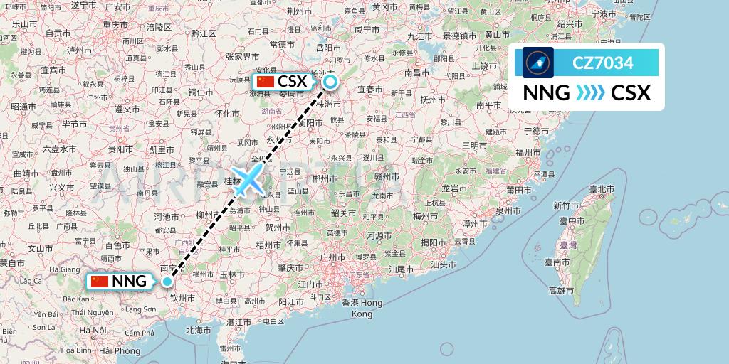 CZ7034 China Southern Airlines Flight Map: Nanning to Changsha