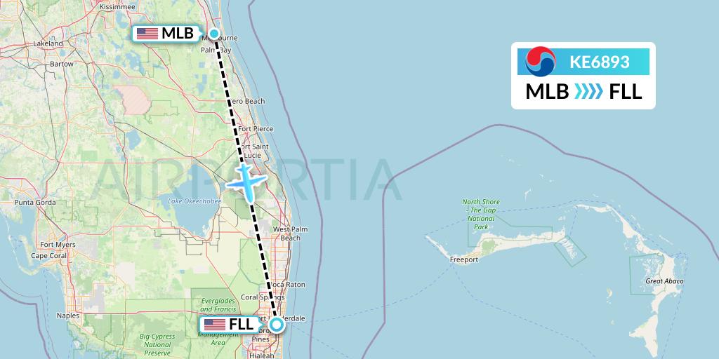 KE6893 Korean Air Flight Map: Melbourne to Fort Lauderdale