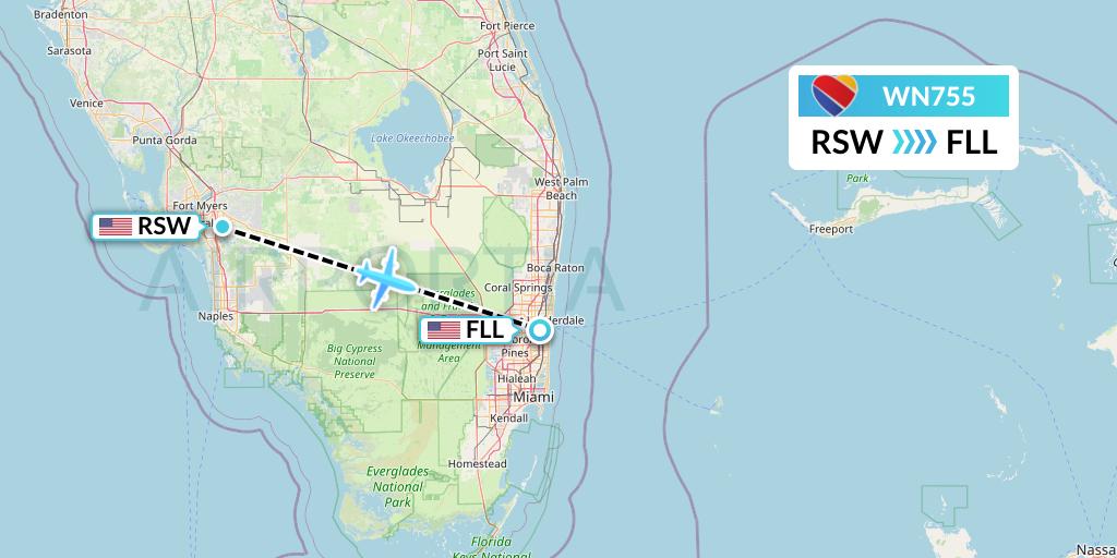 WN755 Southwest Airlines Flight Map: Fort Myers to Fort Lauderdale