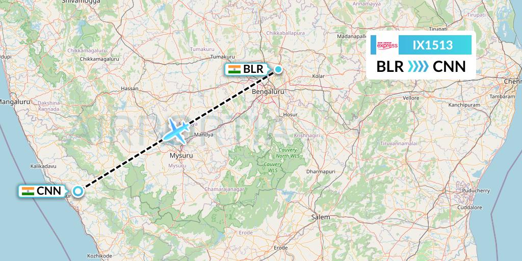 IX1513 Air India Express Flight Map: Bangalore to Mattannur