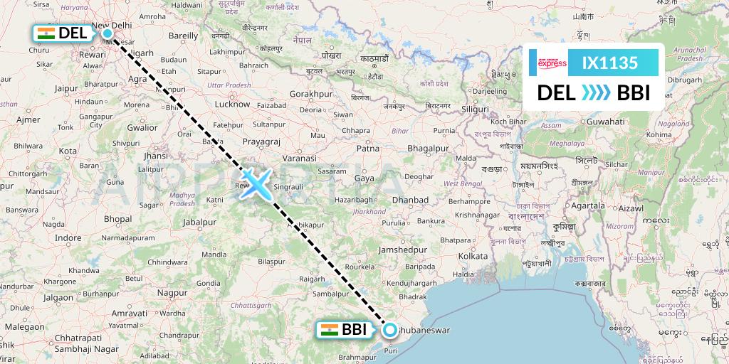 IX1135 Air India Express Flight Map: Delhi to Bhubaneswar