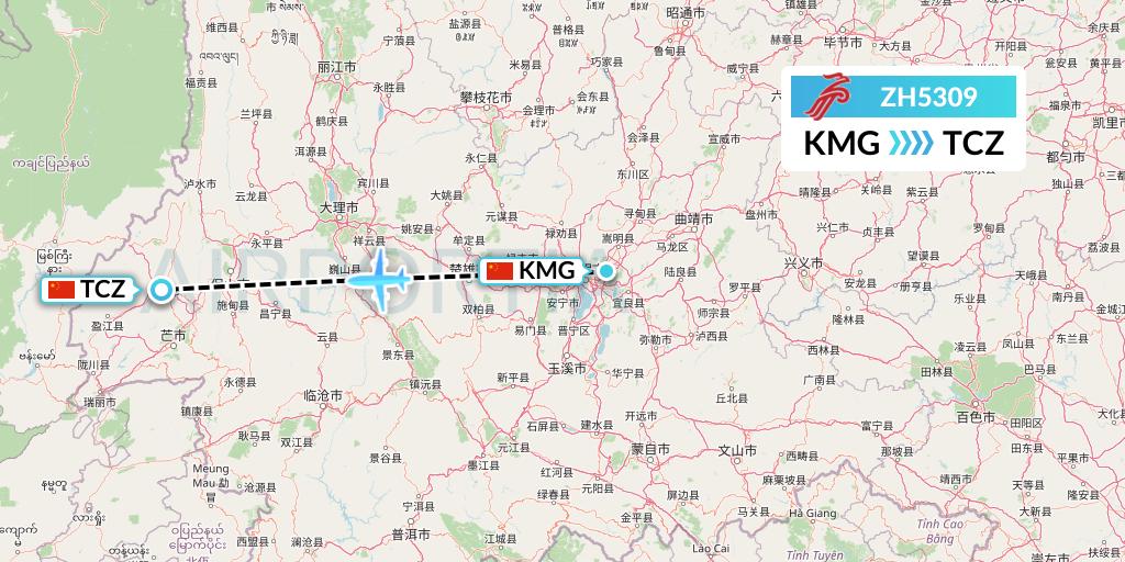 ZH5309 Shenzhen Airlines Flight Map: Kunming to Tengchong
