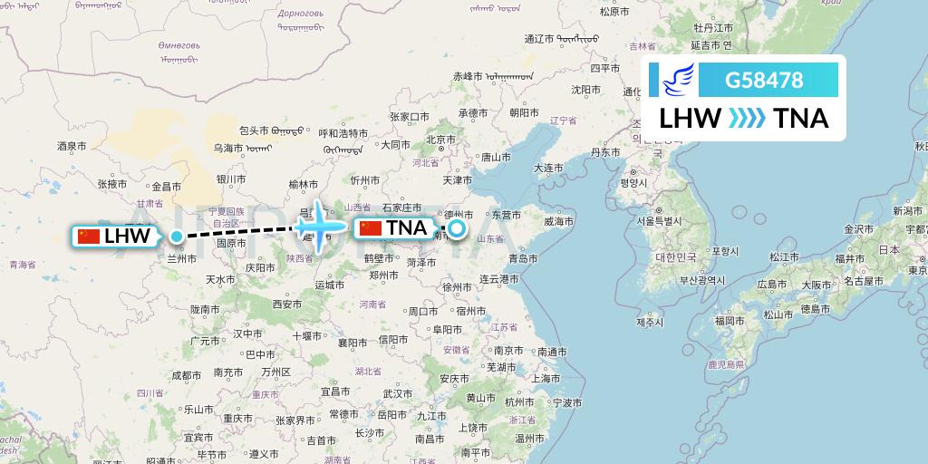G58478 China Express Airlines Flight Map: Lanzhou to Jinan