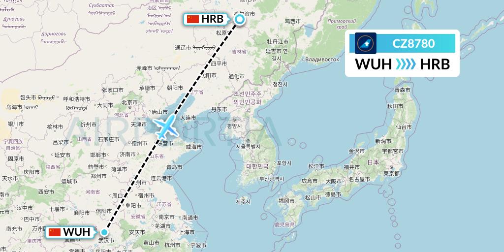 CZ8780 China Southern Airlines Flight Map: Wuhan to Harbin