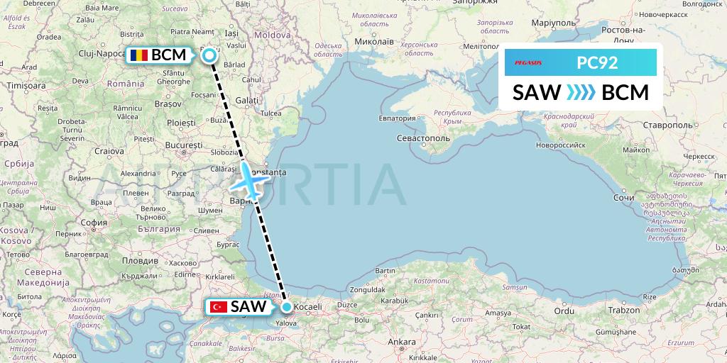 PC92 Pegasus Airlines Flight Map: Istanbul to Bacau
