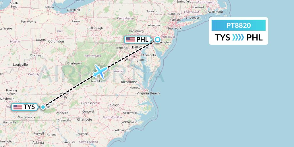 PT8820 Piedmont Airlines Flight Map: Knoxville to Philadelphia