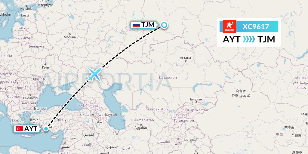 XC9617 Corendon Airlines Flight Map: Antalya to Tyumen