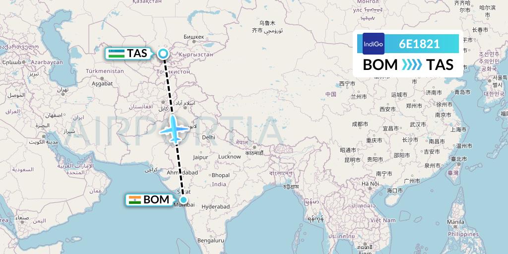 6E1821 IndiGo Airlines Flight Map: Mumbai to Tashkent