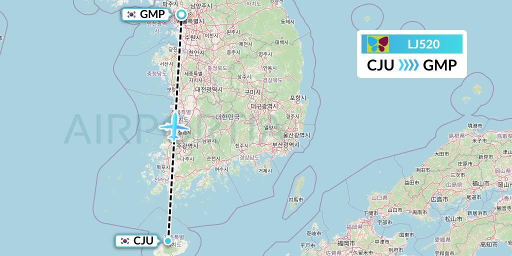LJ520 Jin Air Flight Map: Jeju to Seoul