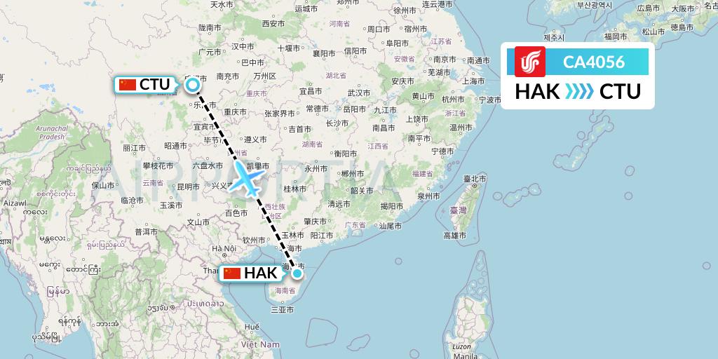 CA4056 Air China Flight Map: Haikou to Chengdu
