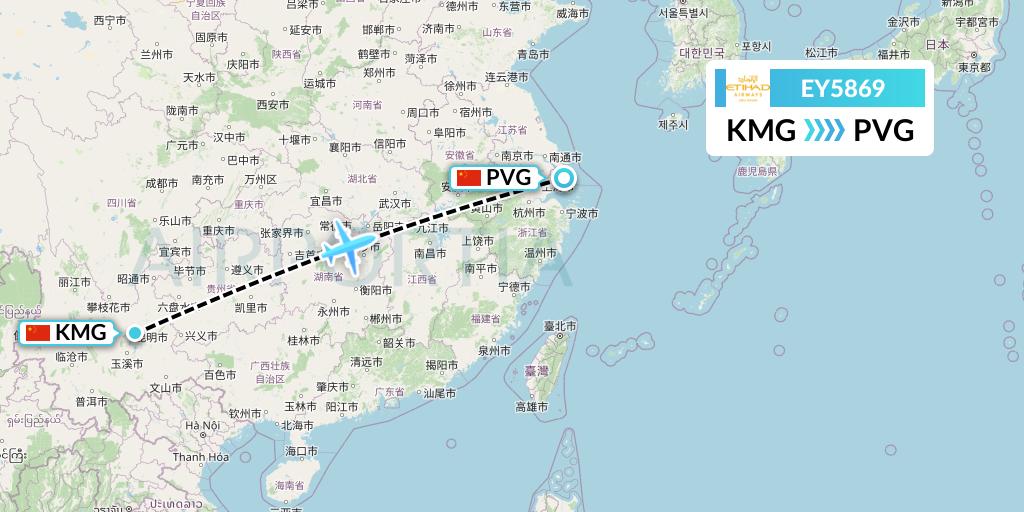 EY5869 Etihad Airways Flight Map: Kunming to Shanghai