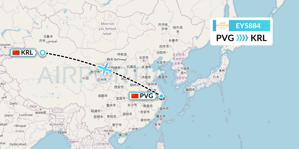 EY5884 Etihad Airways Flight Map: Shanghai to Korla