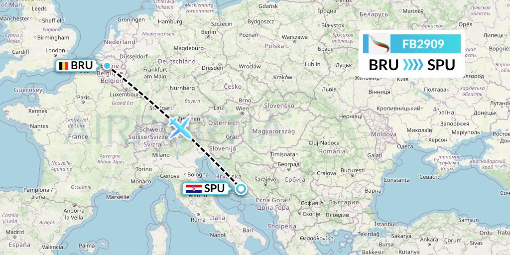 FB2909 Bulgaria Air Flight Map: Brussels to Split