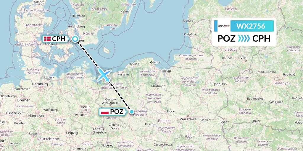 WX2756 Cityjet Flight Map: Poznan to Copenhagen