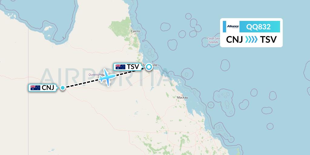 QQ832 Alliance Airlines Flight Map: Cloncurry to Townsville