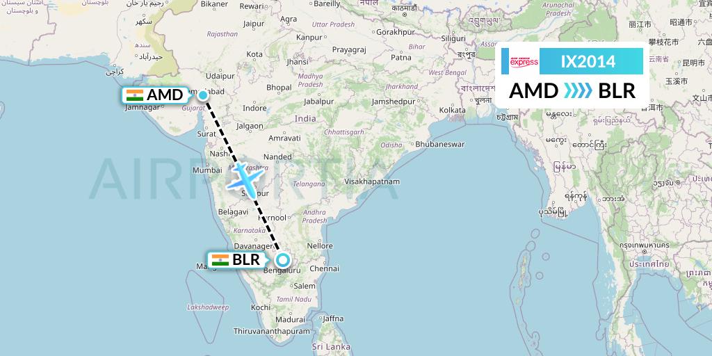 IX2014 Air India Express Flight Map: Ahmedabad to Bangalore