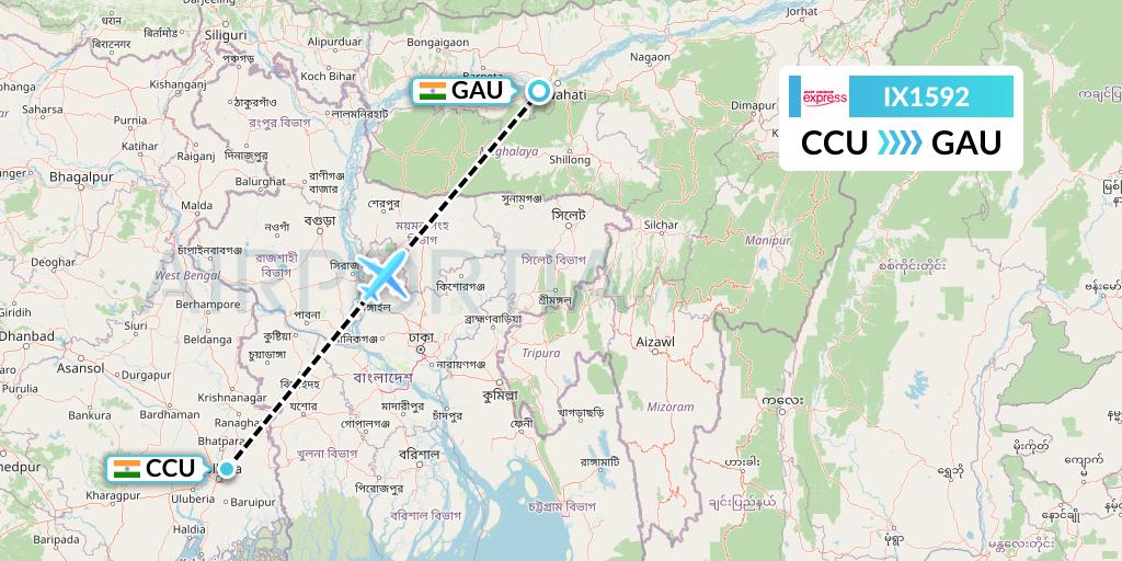 IX1592 Air India Express Flight Map: Kolkata to Guwahati