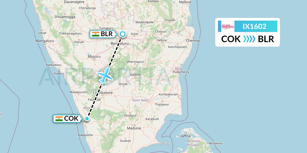 IX1602 Air India Express Flight Map: Cochin to Bangalore