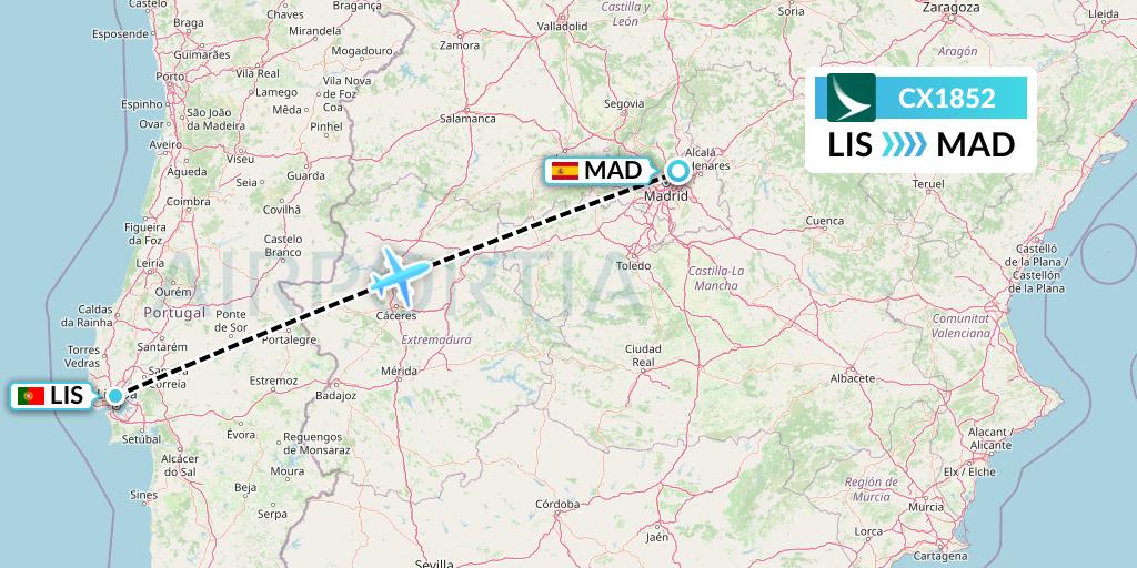 CX1852 Cathay Pacific Flight Map: Lisbon to Madrid