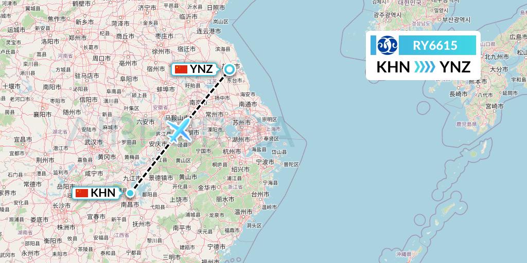RY6615 Jiangxi Air Flight Map: Nanchang to Yancheng