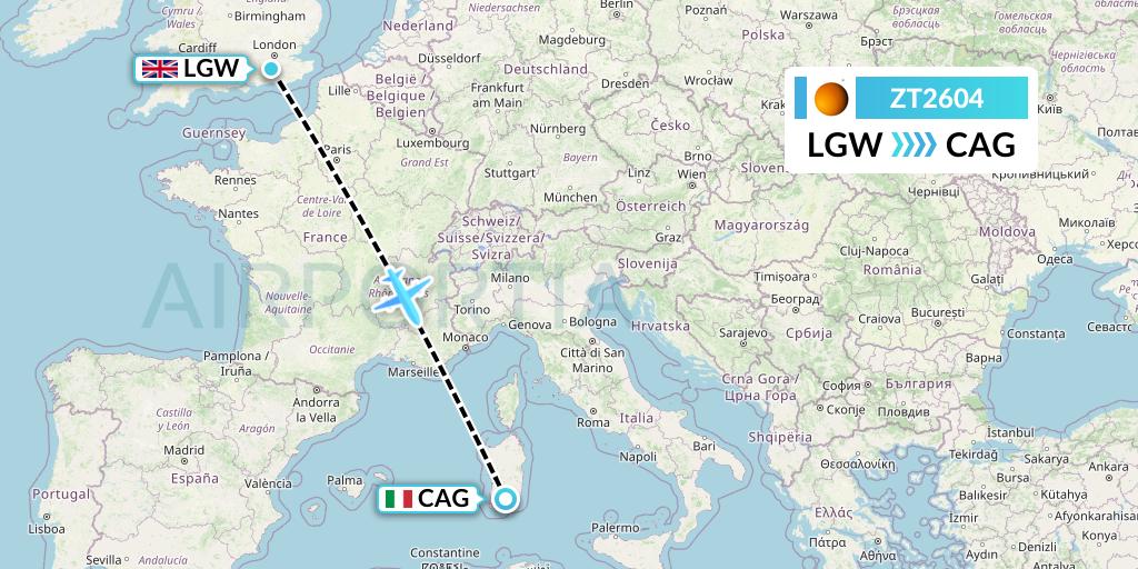 ZT2604 Titan Airways Flight Map: London to Cagliari
