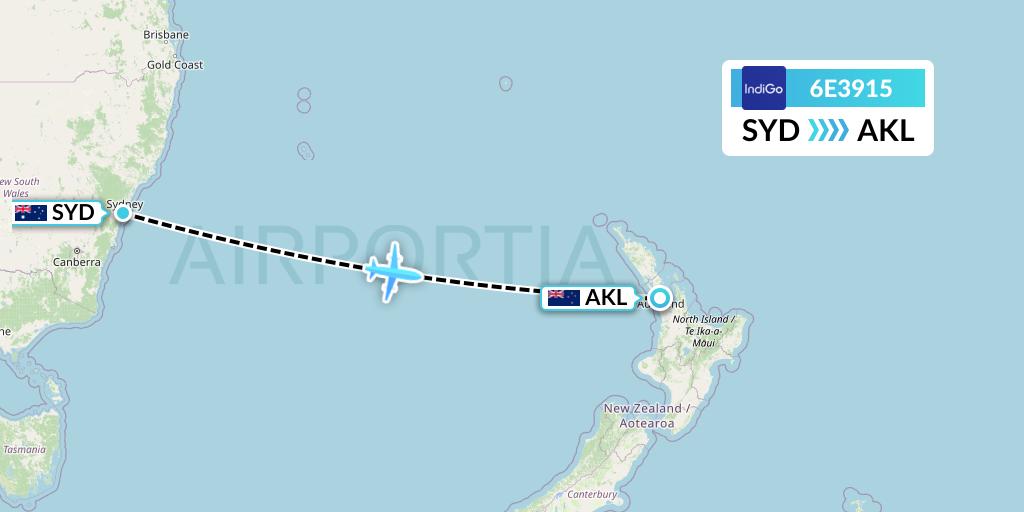 6E3915 IndiGo Airlines Flight Map: Sydney to Auckland