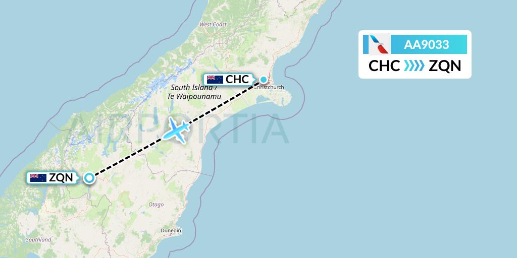 AA9033 American Airlines Flight Map: Christchurch to Queenstown