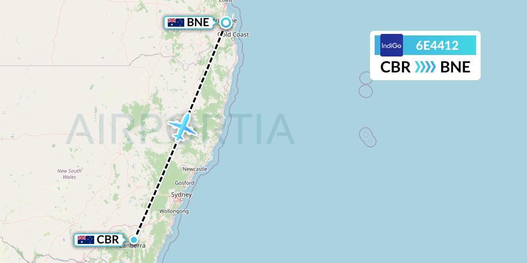 6E4412 IndiGo Airlines Flight Map: Canberra to Brisbane