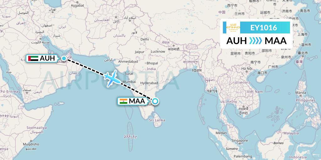 EY1016 Etihad Airways Flight Map: Abu Dhabi to Chennai