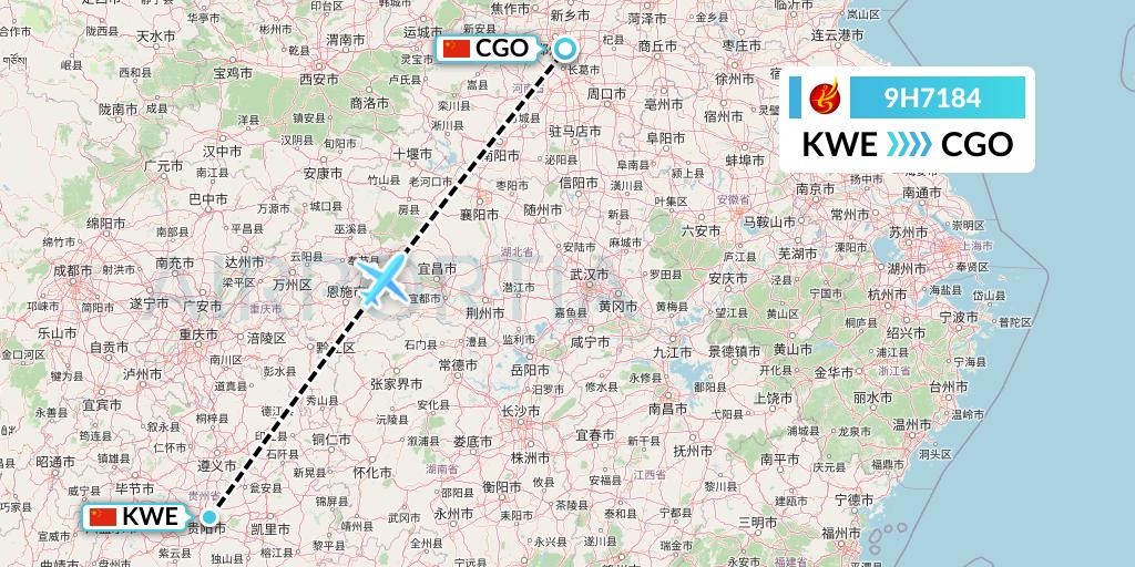 9H7184 Air Changan Flight Map: Guiyang to Zhengzhou
