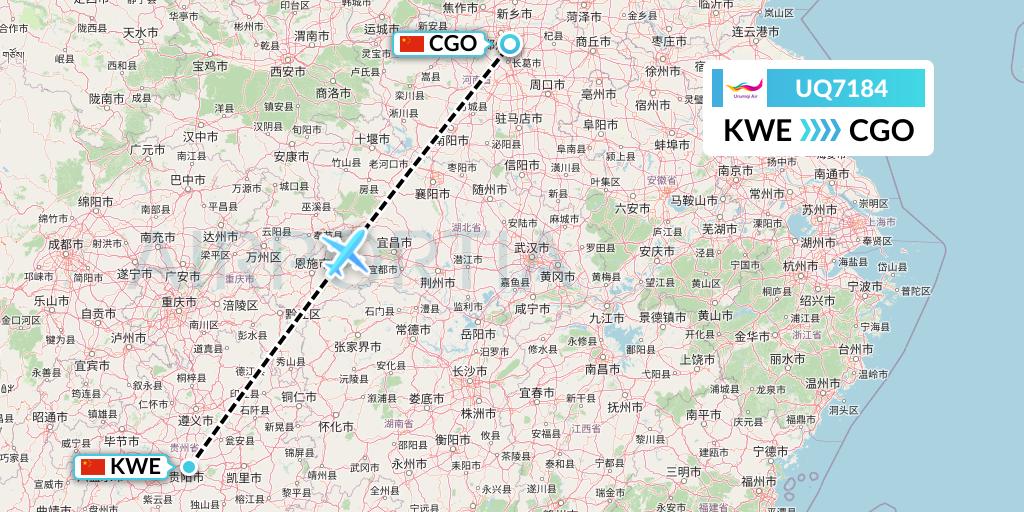 UQ7184 Urumqi Airlines Flight Map: Guiyang to Zhengzhou