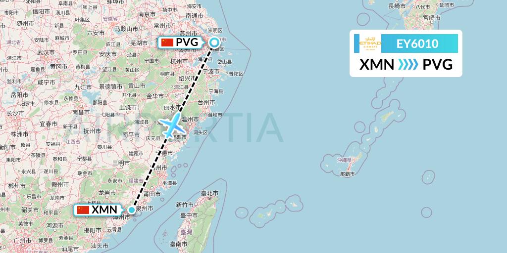 EY6010 Etihad Airways Flight Map: Xiamen to Shanghai