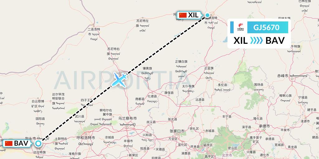GJ5670 Loong Airlines Flight Map: Xilinhot to Baotou