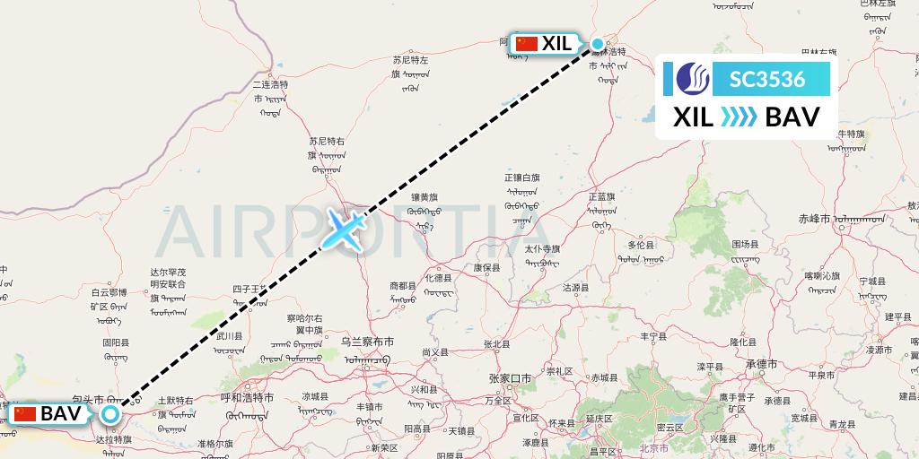 SC3536 Shandong Airlines Flight Map: Xilinhot to Baotou