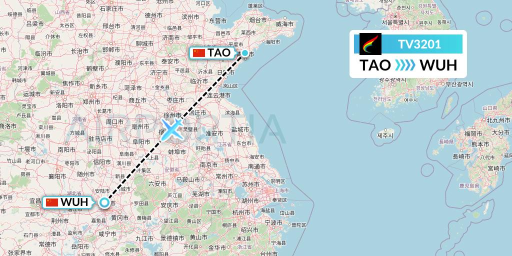 TV3201 Tibet Airlines Flight Map: Qingdao to Wuhan