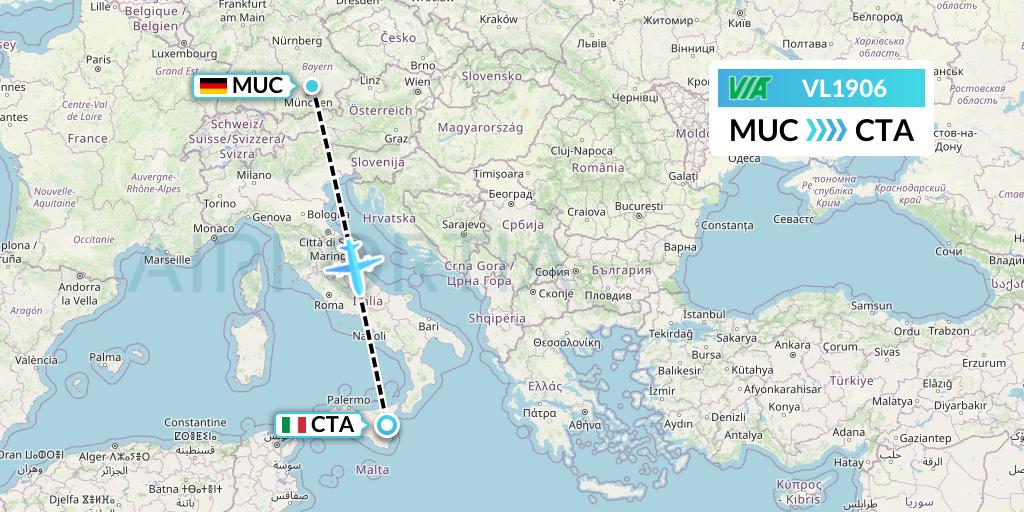VL1906 Air Via Flight Map: Munich to Catania