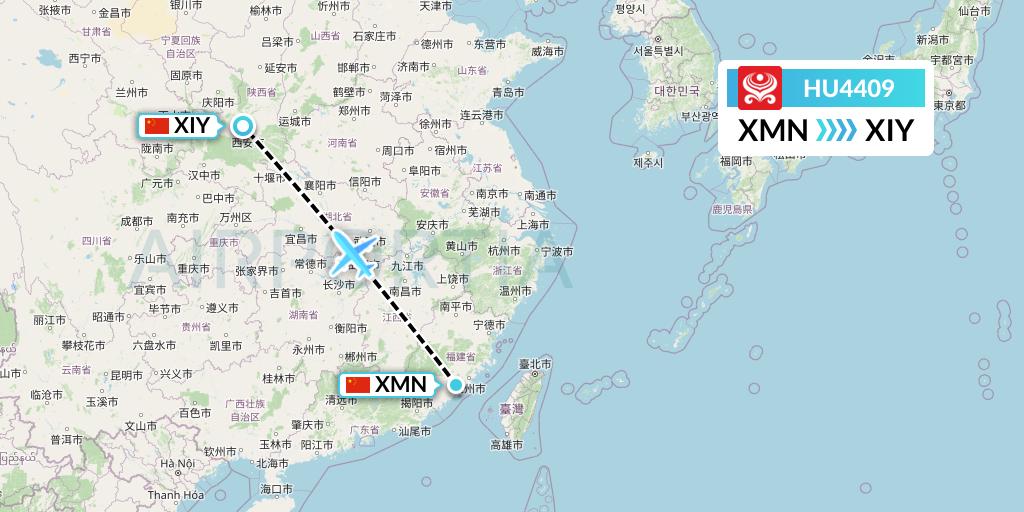 HU4409 Hainan Airlines Flight Map: Xiamen to Xi'an