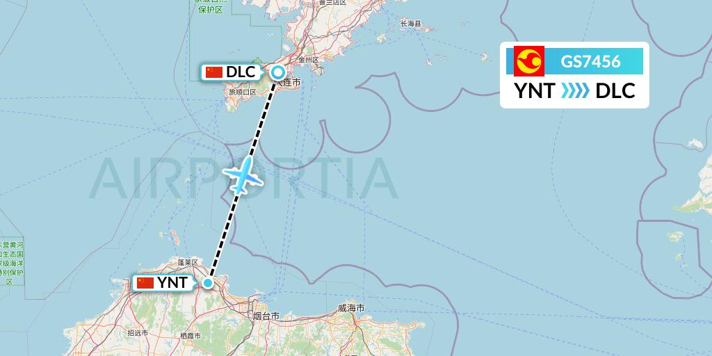 GS7456 Tianjin Airlines Flight Map: Yantai to Dalian