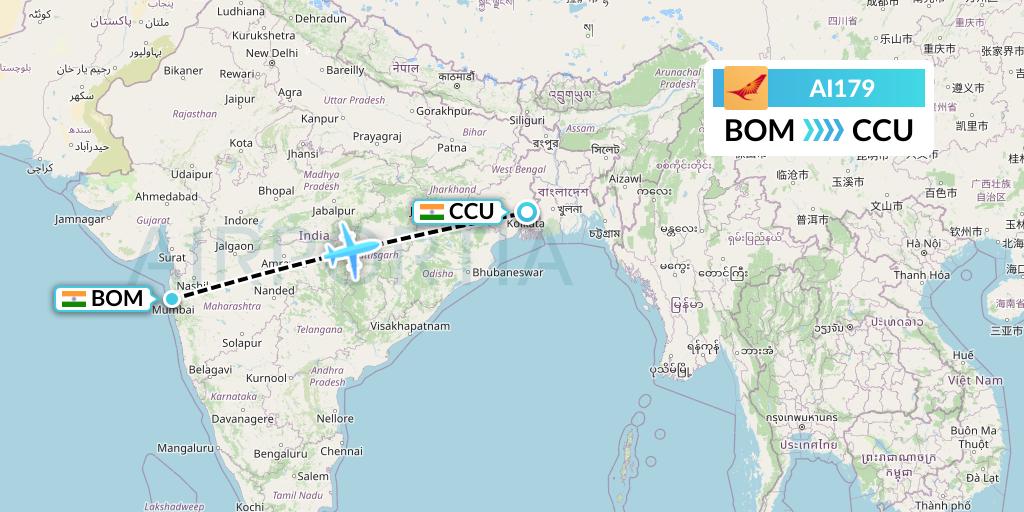 AI179 Air India Flight Map: Mumbai to Kolkata